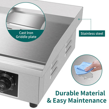 Jacgood Commercial Electric Griddle 22", Flat Top Grill, Countertop Griddle, 1600W 110V, Non-Stick Stainless Steel Teppanyaki Grill, Adjustable Temperature Control 122℉-572℉ for Restaurant Kitchen