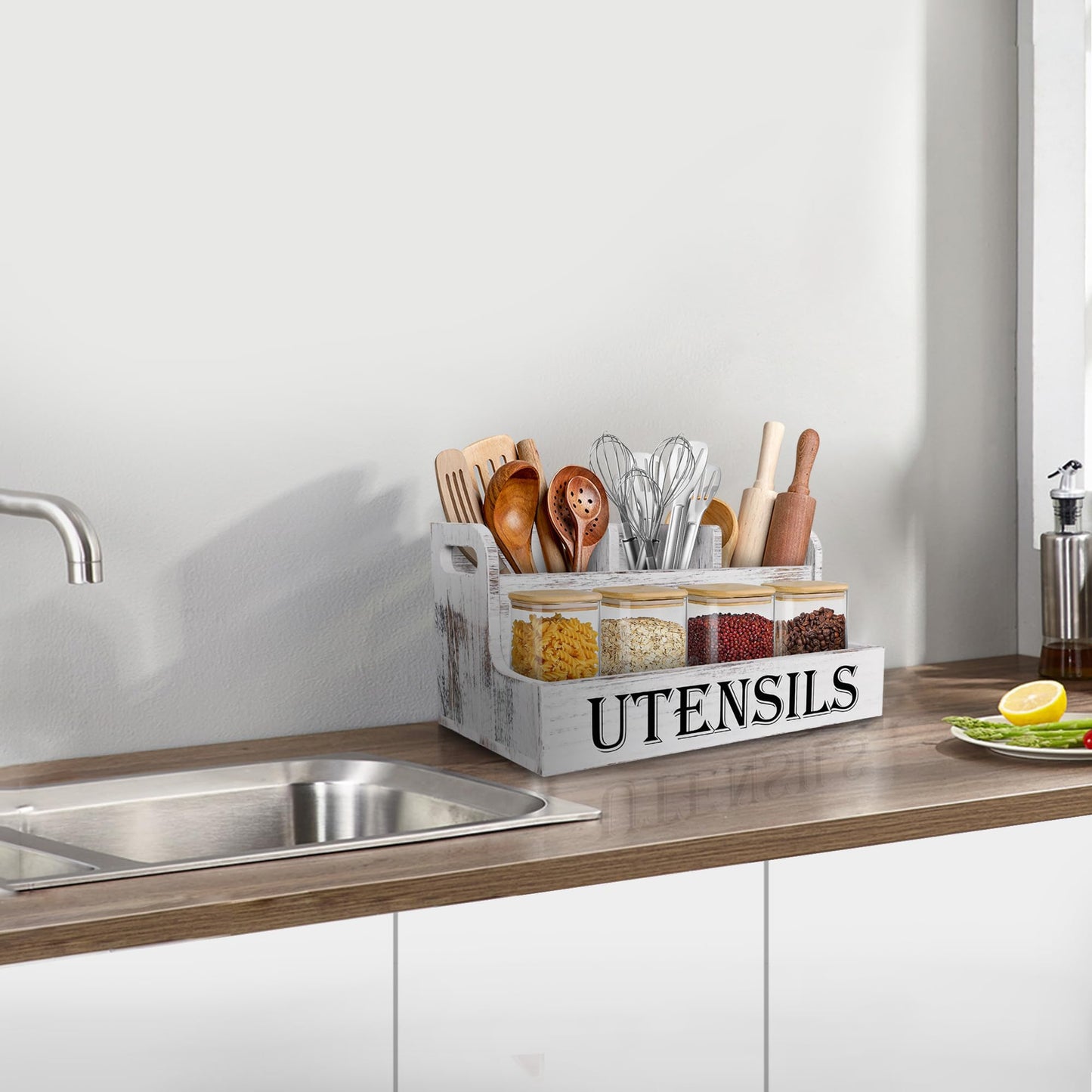 Suli Extra Large Kitchen Utensils Holder with 4 Compartments, White Wooden Utensil Organizer for Kitchen Countertop, Farmhouse Utensil Storage, Rustic Cooking Utensils - White Grain