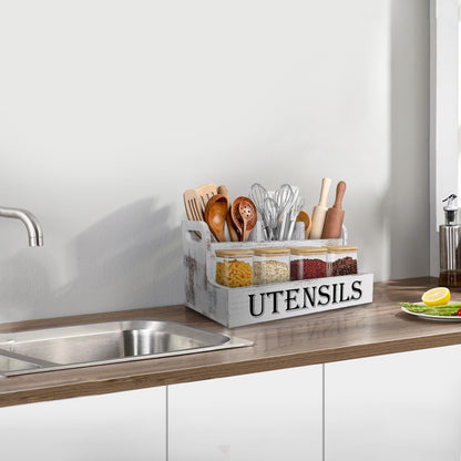 Suli Extra Large Kitchen Utensils Holder with 4 Compartments, White Wooden Utensil Organizer for Kitchen Countertop, Farmhouse Utensil Storage, Rustic Cooking Utensils - White Grain