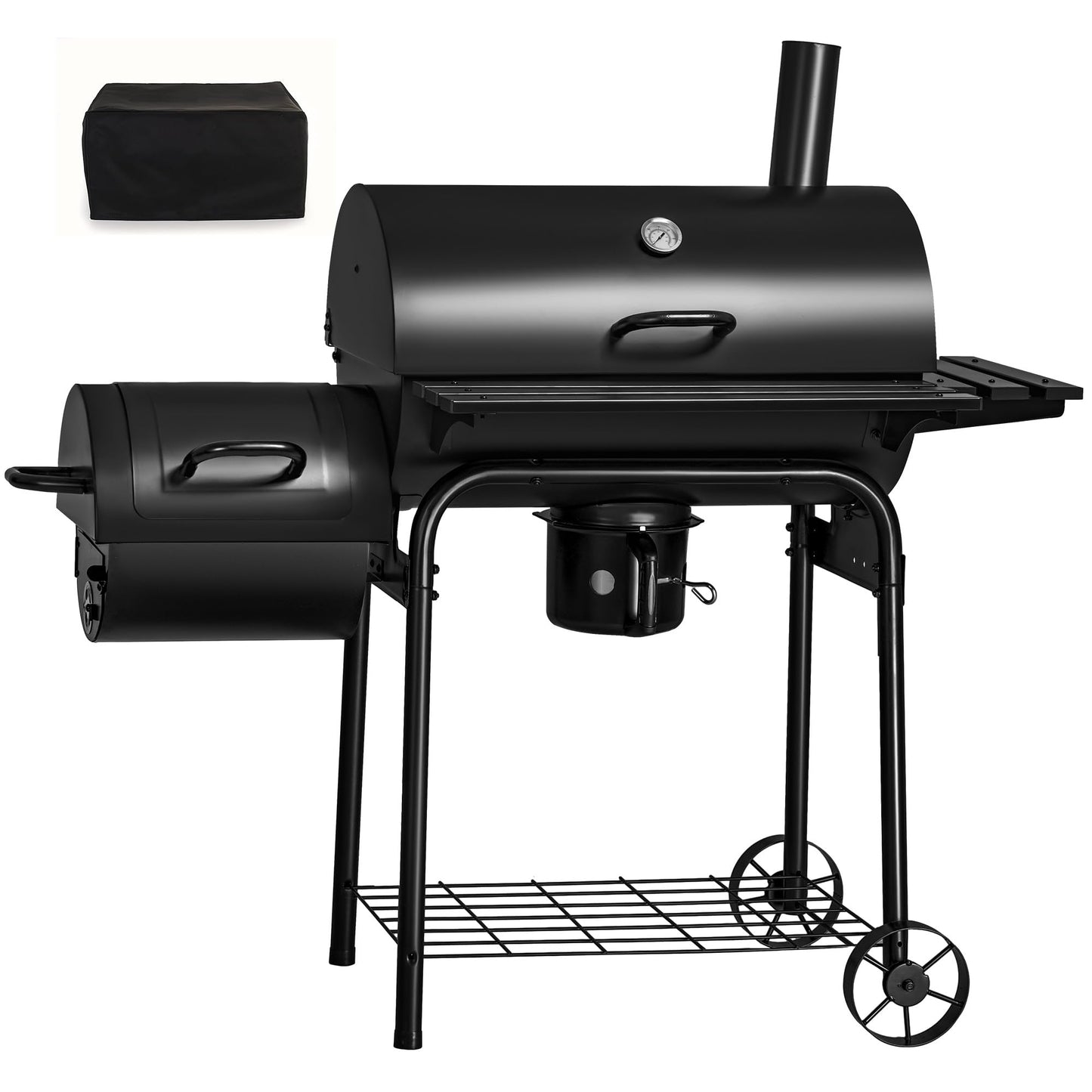 Flamaker Grill Outdoor Charcoal Grills with Side Oven & Thermometer Offset Smoker with Ash Catcher & Cover for Camping Picnics, BBQ, Hiking