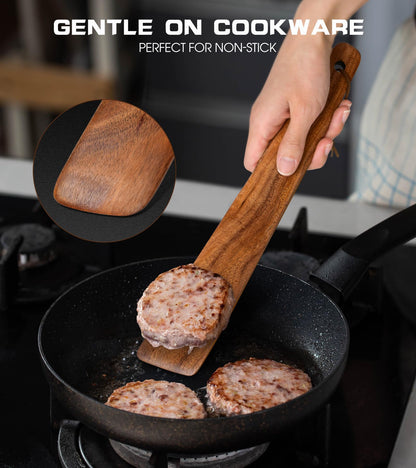 12 inch Teak Wooden Spatula for Cooking, Small Wood Flipper, Egg Scraper, Flat Wood Turner, Multipurpose Wooden Cooking Utensils, Spatulas Spoons Perfect for Flipping, Scraping & Turning, Set of 2