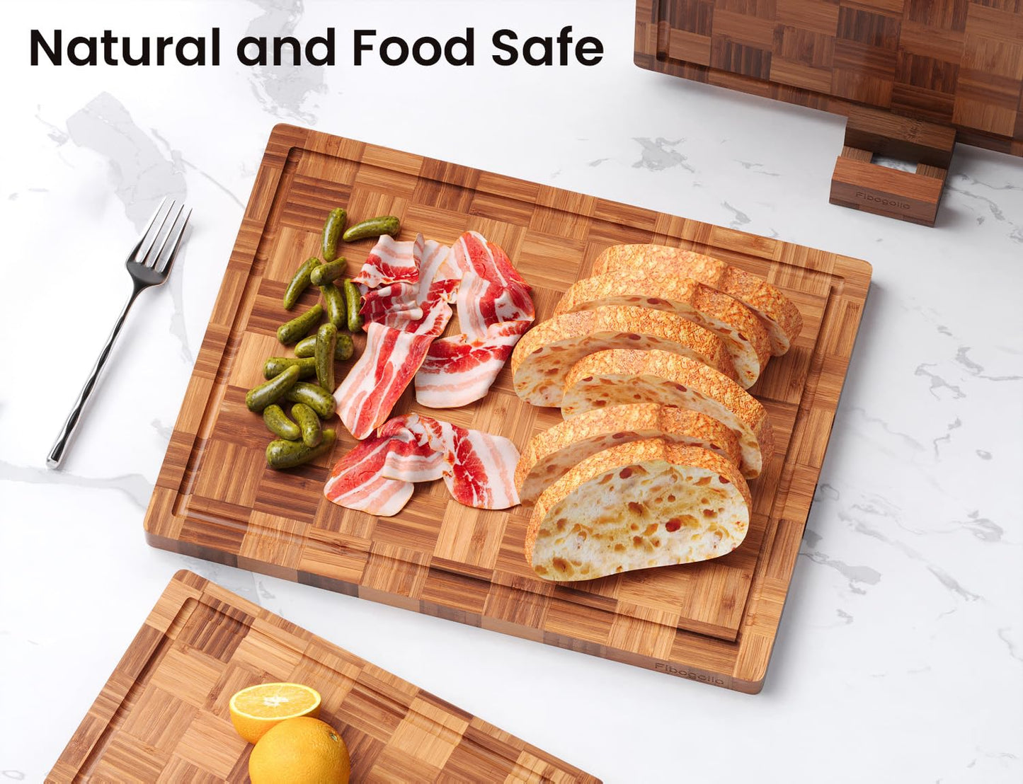Fibogollo Bamboo Cutting Boards for Kitchen(Set of 3),Chopping Boards with Juice Groove,End Grain Serving Board with Holder,Bamboo Butcher Block for Meat,Vegetables,Fruit
