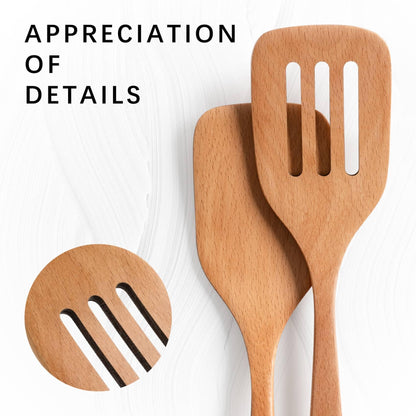 Hefild 2PCS Wooden Spatulas for Cooking, 12 inch Wood Spatulas Set with Flat Wood Spatula & Slotted Spatula – Beech Cooking Utensils for Nonstick Pans – Wooden Spoons for Cooking