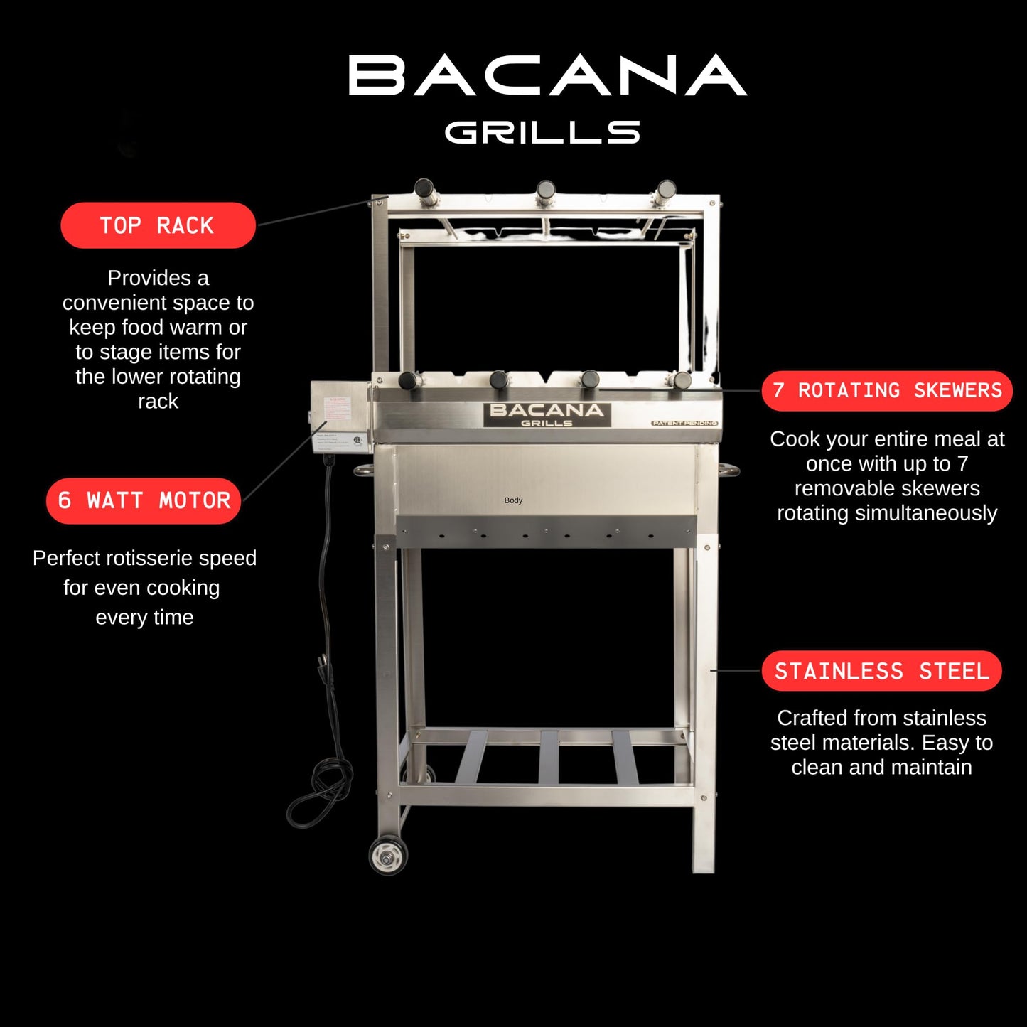 Bacana Grills All-in-One Brazilian BBQ Grill - 7 skewers - Churrasco - Multi Rotisserie - Stainless Steel - Portable Wood Fire & Charcoal Gaucho Churrasqueira Chicken Grill