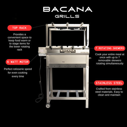 Bacana Grills All-in-One Brazilian BBQ Grill - 7 skewers - Churrasco - Multi Rotisserie - Stainless Steel - Portable Wood Fire & Charcoal Gaucho Churrasqueira Chicken Grill