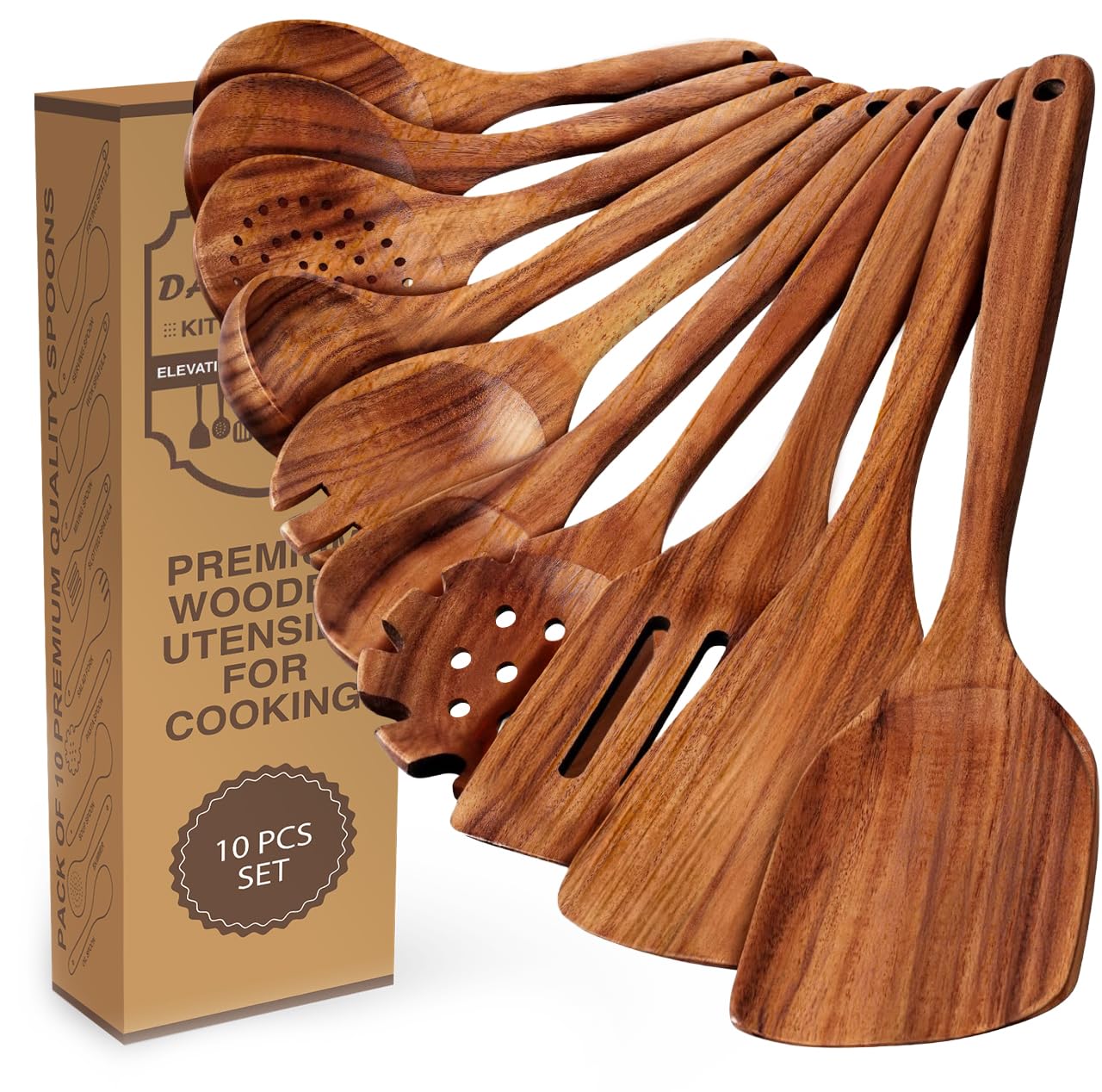 Premium Wooden Spoons for Cooking, 10 Pcs Wooden Cooking Utensils Set - Wooden Utensil Set for Nonstick Pans & Cookware - Sturdy, Lightweight & Heat Resistant