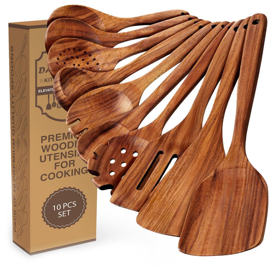 Premium Wooden Spoons for Cooking, 10 Pcs Wooden Cooking Utensils Set - Wooden Utensil Set for Nonstick Pans & Cookware - Sturdy, Lightweight & Heat Resistant