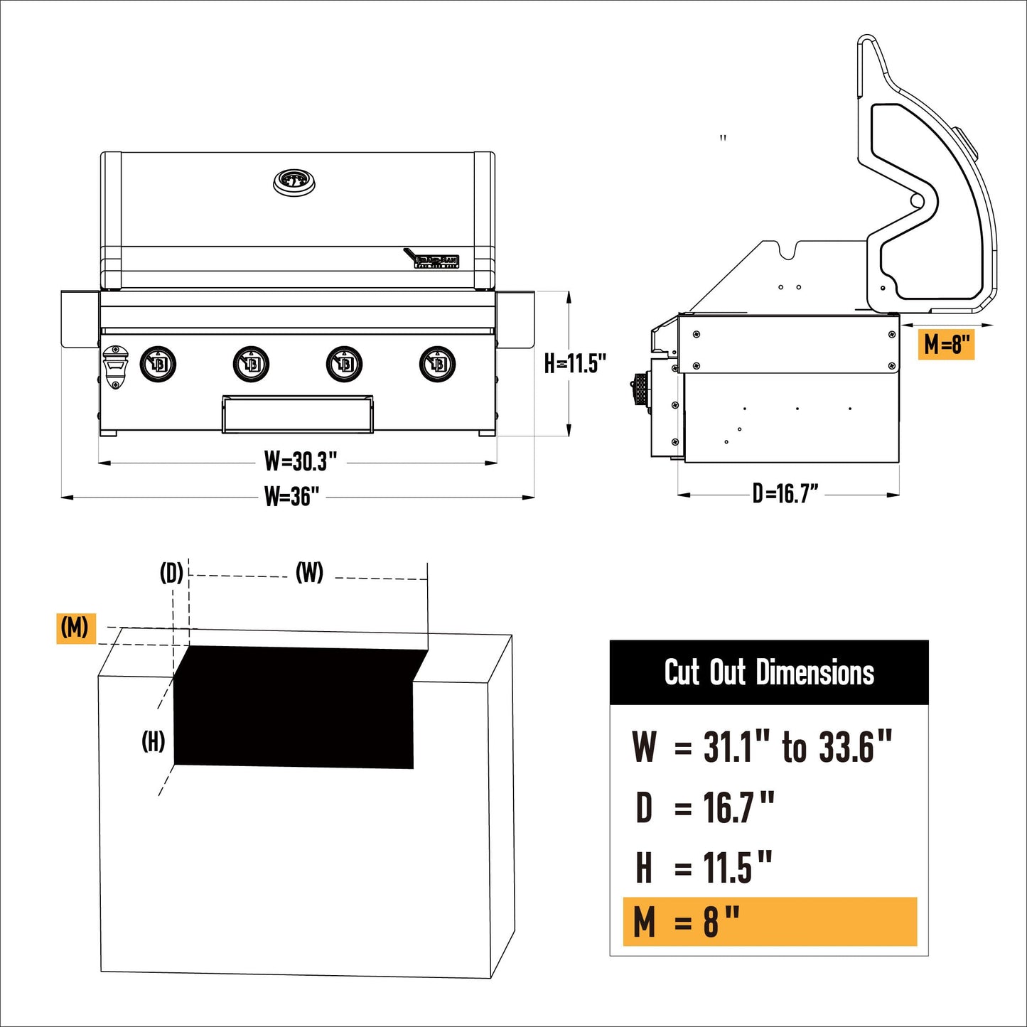 Brand-Man Gas Grill Built-In Head, 30-Inch 4-Burner Propane Grill, Natural Gas Convertible, Heavy Duty 304 Stainless Steel 40,000BTUs BBQ Island Outdoor Kitchen