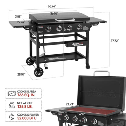 Royal Gourmet GB4000P 4 Burner Propane Gas Griddle with Hard Cover and Foldable Side Tables, 35-Inch Flat Top Grill with 766 Sq. In. Cooking Area for Backyard and Tailgating, Black