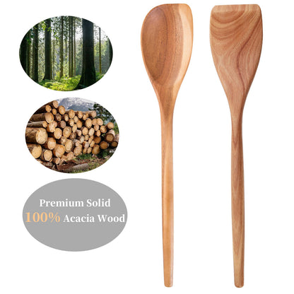 MornHalo 2PCS Acacia Wooden Spoons For Cooking-14 Inch Smooth Finish Cooking Spoons-Comfortable Grip Wood Spoons for Cooking - Non-Stick Cooking Utensils (Corner spoon + Cooking Spatula)