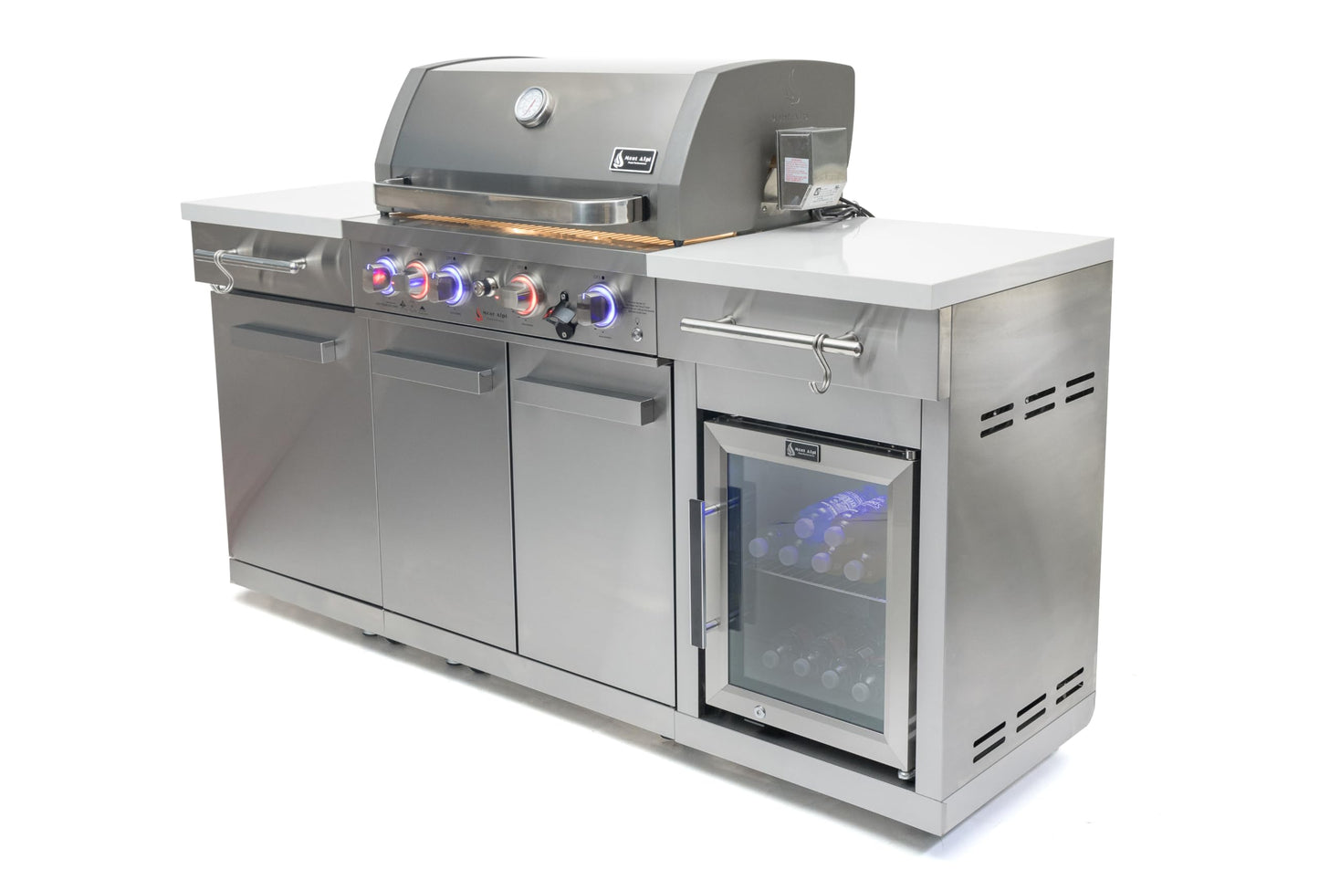 Mont Alpi MA957FC-RS 5-Burner 63000 BTU Stainless Steel Compact Outdoor Kitchen Gas Barbecue Island Grill with Infrared Rear Burner + Fridge Cabinet + Rotisserie Kit & Full Weather Cover