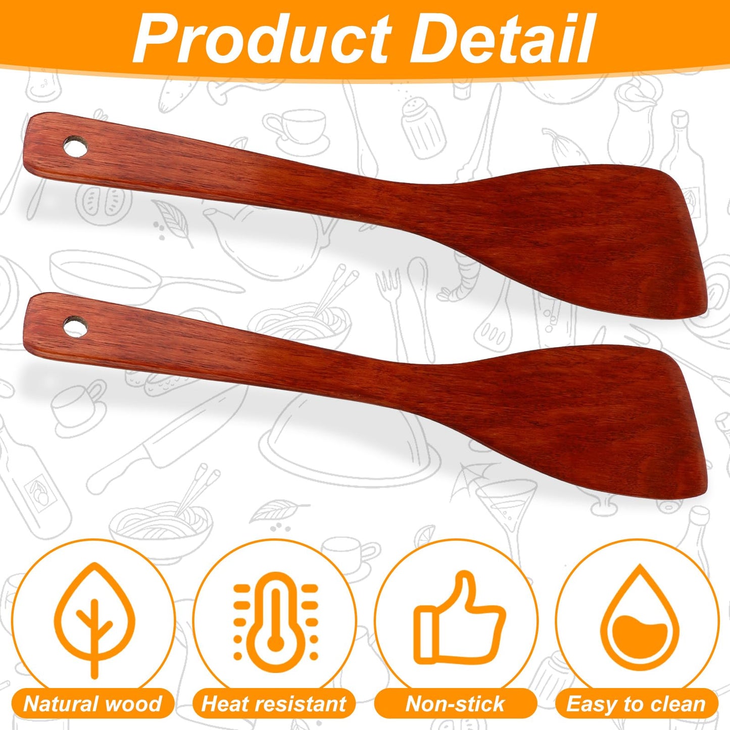 JIYIN 2 Pcs Wooden Cooking Utensils, 12.8 Inches Flat Non Stick Long Handled Frying Kitchen Spatula Turners for Pan and Wok