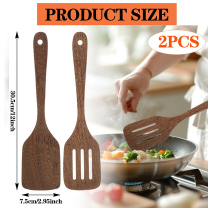 2Pcs Wooden Spatula for Cooking, 12'' Long Handle Nonstick Turner Acacia Natural Teak Wood Flat Spatulas Handmade Non Toxic Cooking Spurtle Utensils for Kitchen Gifts, Cooking Eggs, Fish, Pancakes