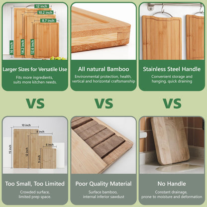 Bamboo Cutting Board, Wooden Cutting Boards for Kitchen with Double Sided Deep Juice Grooves & Wide Handle, Ideal Charcuterie & Chopping Board for Meat, Vegetables and Fruits