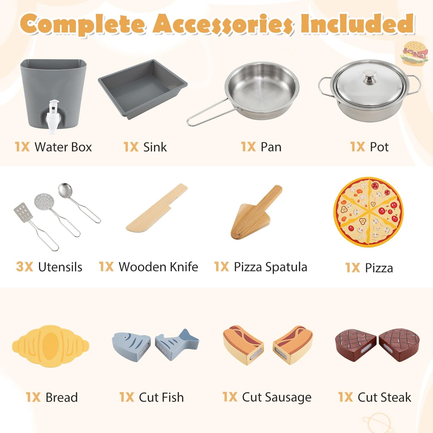 HONEY JOY Mud Kitchen, 3-Piece Modular Wooden Toddlers Play Kitchen/Pizza Counter Playset/Oven Barbecue Grill, Play Food and Accessories, Little Chef Pretend Mud Kitchen for Kids Outdoors, Natural