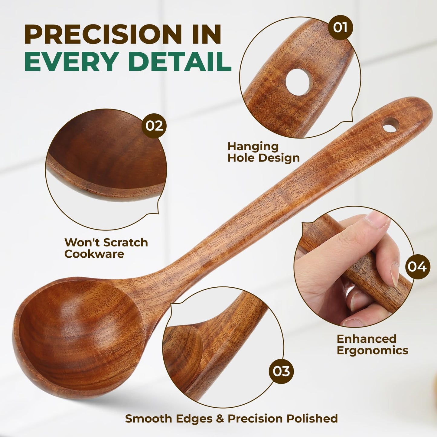 KAQISE 10PCS Wooden Utensils Set, Teak Wood Spoons&Spatulas,Kitchen Utensils for Nonstick Cookware-Spatula|Soup Ladle|Strainer Spoon|Pasta Fork,Heat Resistant Wooden Cooking Tools