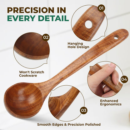 KAQISE 10PCS Wooden Utensils Set, Teak Wood Spoons&Spatulas,Kitchen Utensils for Nonstick Cookware-Spatula|Soup Ladle|Strainer Spoon|Pasta Fork,Heat Resistant Wooden Cooking Tools