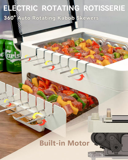 XHJ Indoor BBQ Kabob Skewers Grill,Smokeless Auto 360° Rotating Electric Barbecue Skewers Rotisserie,3 In 1 Indoor Electric Tabletop Grill with Removable Lid,Dual Zone Cooking