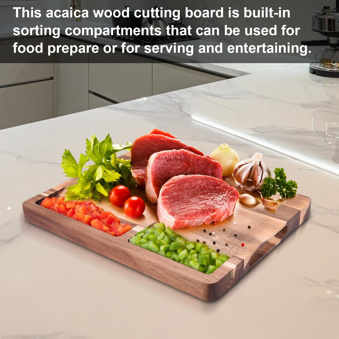 Cutting Boards,16"L x 12"W Acacia Wooden Cutting Board for Kitchen,Wood Chopping Board with Juice Groove and Sorting Compartment,Pre-Oiled Carving Tray Charcuterie Board for Meat Cheese Fruit