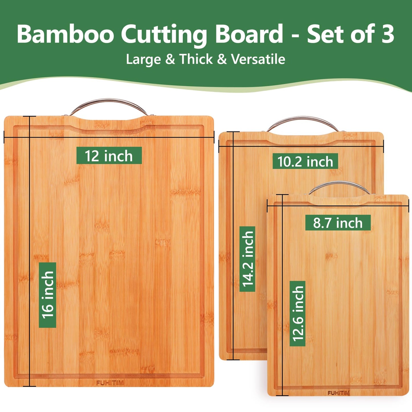 Bamboo Cutting Board, Wooden Cutting Boards for Kitchen with Double Sided Deep Juice Grooves & Wide Handle, Ideal Charcuterie & Chopping Board for Meat, Vegetables and Fruits