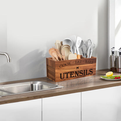 Suli Acacia Wood Utensil Holder for Kitchen Counter,Extra Large Utensils Holder with 4 Compartments,Caddy Organizer for Countertop, Farmhouse Kitchen Decor, Rustic Cooking Utensil