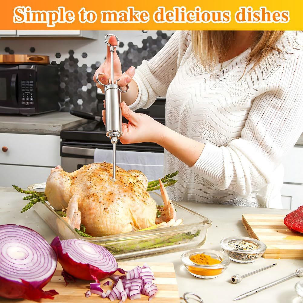 PEOUWNES 304-Stainless Steel Meat Injector Syringe Kit with 3 Marinade Needles for BBQ Grill Smoker, Turkey, Beef, Brisket, Fish, 2-oz Large Capacity, Silicone Brush and Cleaning Brush