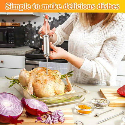 PEOUWNES 304-Stainless Steel Meat Injector Syringe Kit with 3 Marinade Needles for BBQ Grill Smoker, Turkey, Beef, Brisket, Fish, 2-oz Large Capacity, Silicone Brush and Cleaning Brush