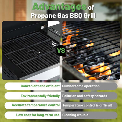 4-Burner Propane Gas Grill with 2 Foldable Side Tables, 34,200 BTU Outdoor BBQ Grill with Porcelain-Enameled Flame Tamers, Built-in Thermometer, Easy Assembly for Patio, Backyard BBQ