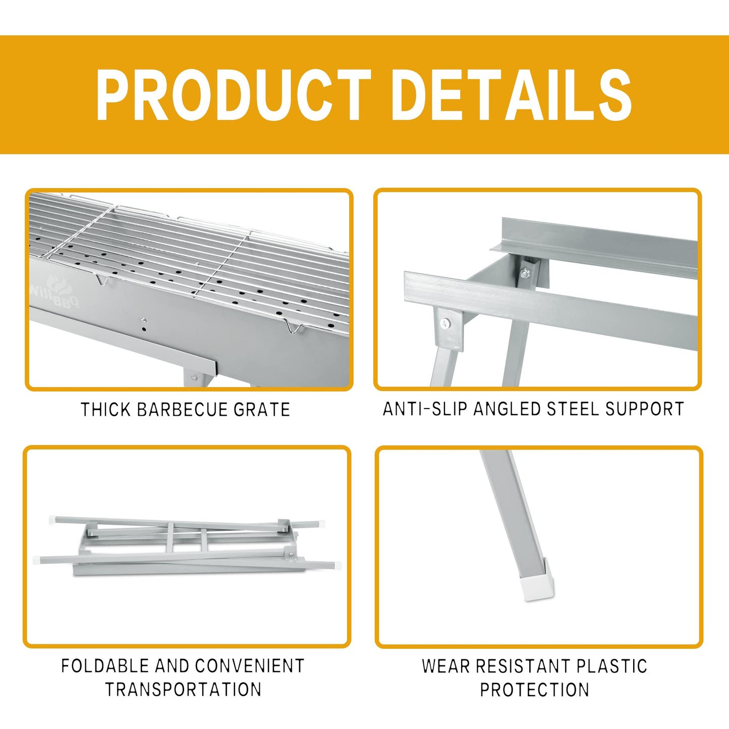 WILLBBQ Charcoal Grills Commercial Quality Portable Multiple Size Hibachi BBQ Lamb Skewer Folded Camping Barbecue Grill(31.6x7.1x5.1 inch With Accessories)