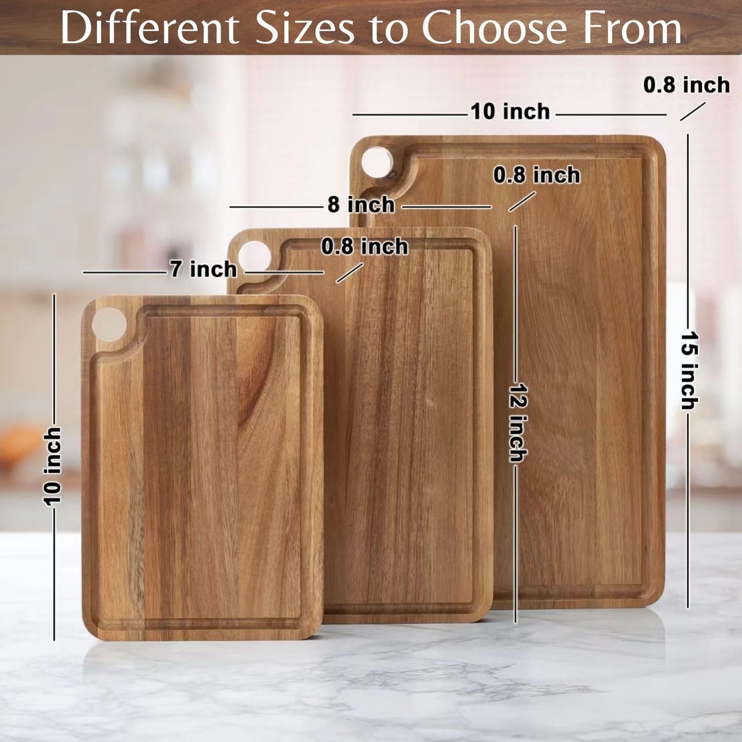 Timberro Acacia Wood Cutting Board - Solid Organic Wooden Meat Boards for Kitchen, Real Hardwood Chopping Butcher Block with Deep Juice Groove Well for Counter, Medium Countertop Blocks with Handle