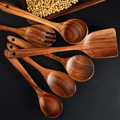 12 Pack Wooden Spoons for Cooking - Natural Teak Kitchen Utensils Set With Spatulas