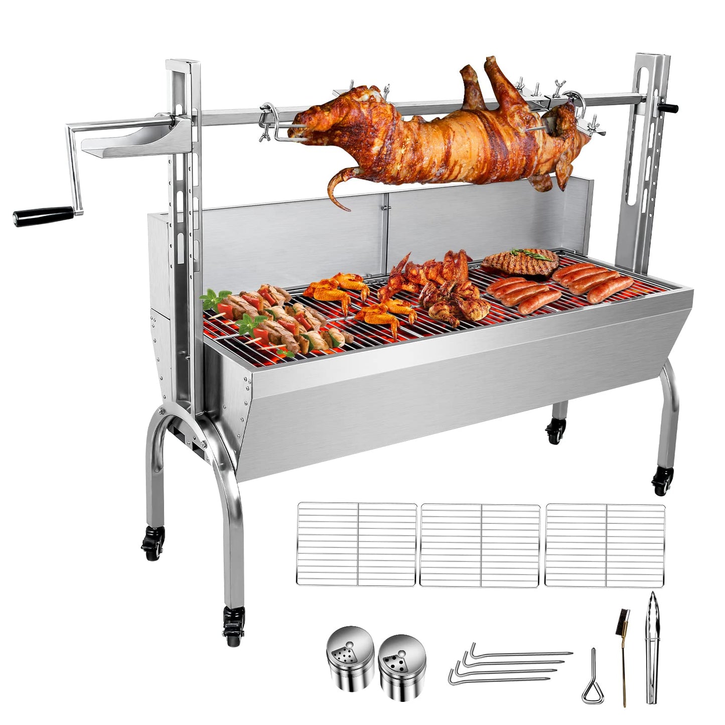 176LBS Stainless Steel Rotisserie Grill Roaster Small Pig Lamb with Back Cover Guard 25W Motor for Camping Outdoor BBQ Silver