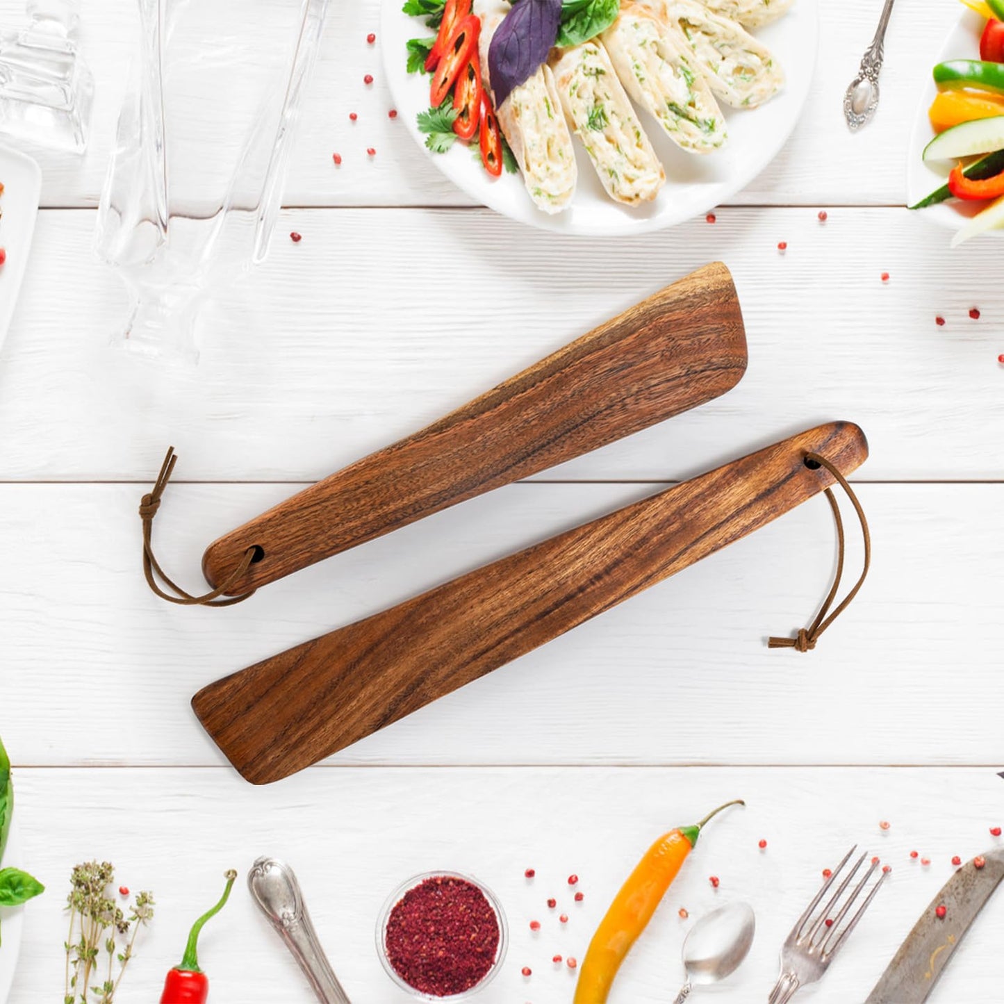 Tebery 4 Pack Small Wood Flipper Teak Wood Spatula Set for Cast Iron, 10 Inch 12 Inch Flat Wooden Turner Multipurpose Wood Cooking Utensil for Flipping, Serving, Scraping & Turning