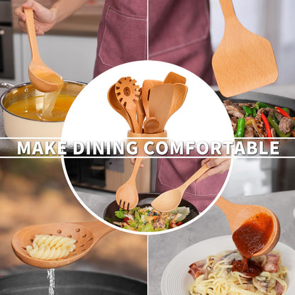 11 PCS WOSPONFAN Kitchen Utensils Set - Wooden Spoons for Cooking, Natural Beech Wood Wooden Utensils - Includes Wooden Spoons, Spatula Set, Slotted Spoon - Handmade Wooden Spoon Set