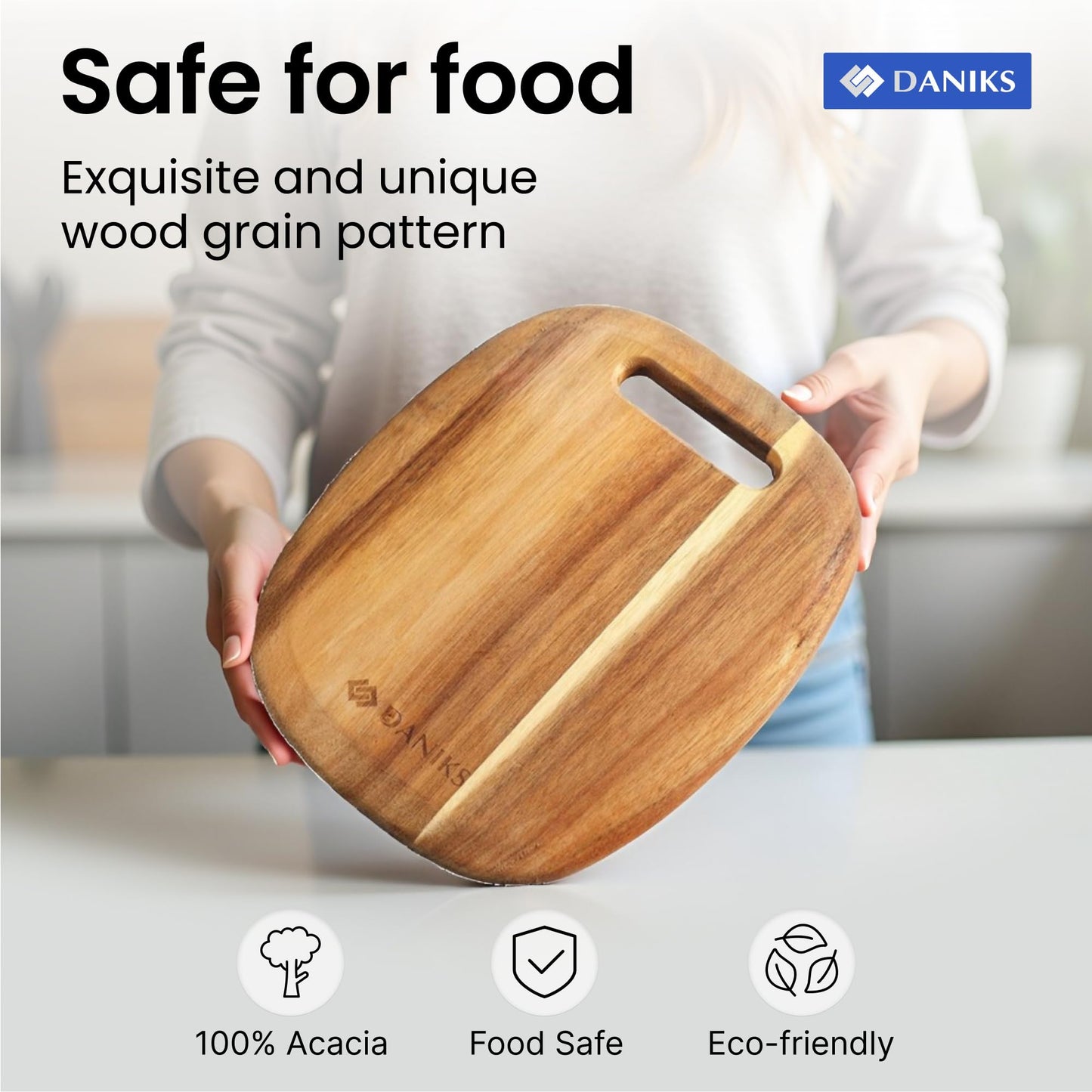 Daniks 100% Natural Acacia Wood Cutting Board 9,5х8” – Extra Thick, Heavy Duty Wooden Chopping Board for Kitchen & Serving – Perfect for Fruits, Vegetables, Meat, and Bread – BPA Free, Eco-Friendly
