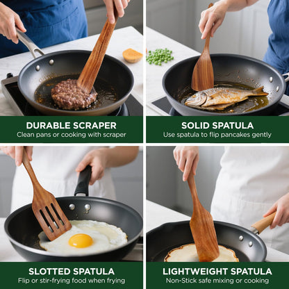 ANBUY Wooden Spoons for Cooking, 6Pcs Wood Kitchen Utensils Set, Mixing Heat Resistant Flat Spatulas and Spoons Set for Nonstick Cookware, Smooth Finish, Non-Stick, Comfortable Grip Kitchen Utensils