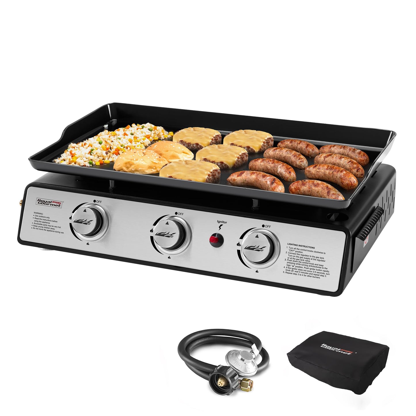 Royal Gourmet PD1301S Portable 24-Inch 3-Burner Table Top Gas Grill Griddle with Cover, 25,500 BTUs, Outdoor Cooking Camping or Tailgating, Black