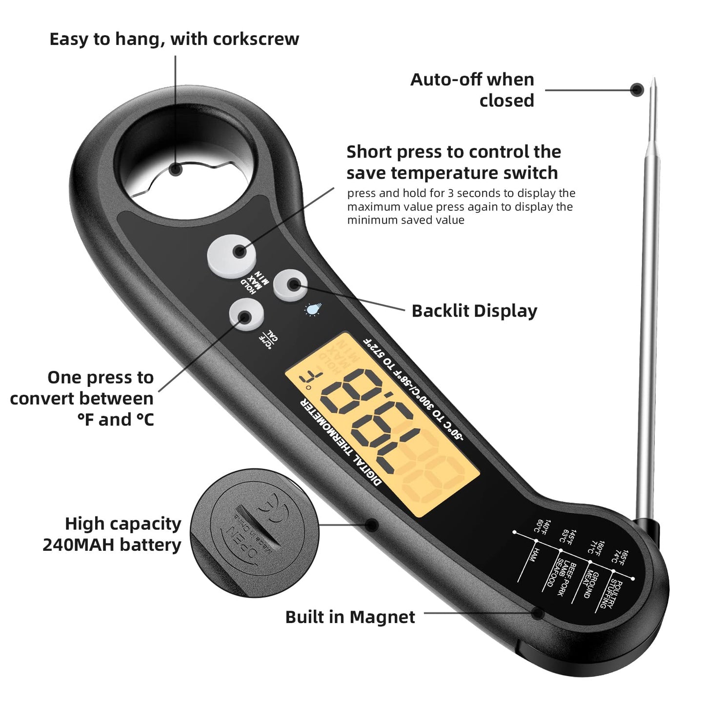 Instant Read Meat Thermometer for Grill and Cooking, Fast and Accurate Digital Food Thermometer with Backlit bi-fold Probe for Kitchen ovens, Frying, Candy, Steak