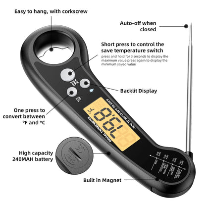 Instant Read Meat Thermometer for Grill and Cooking, Fast and Accurate Digital Food Thermometer with Backlit bi-fold Probe for Kitchen ovens, Frying, Candy, Steak