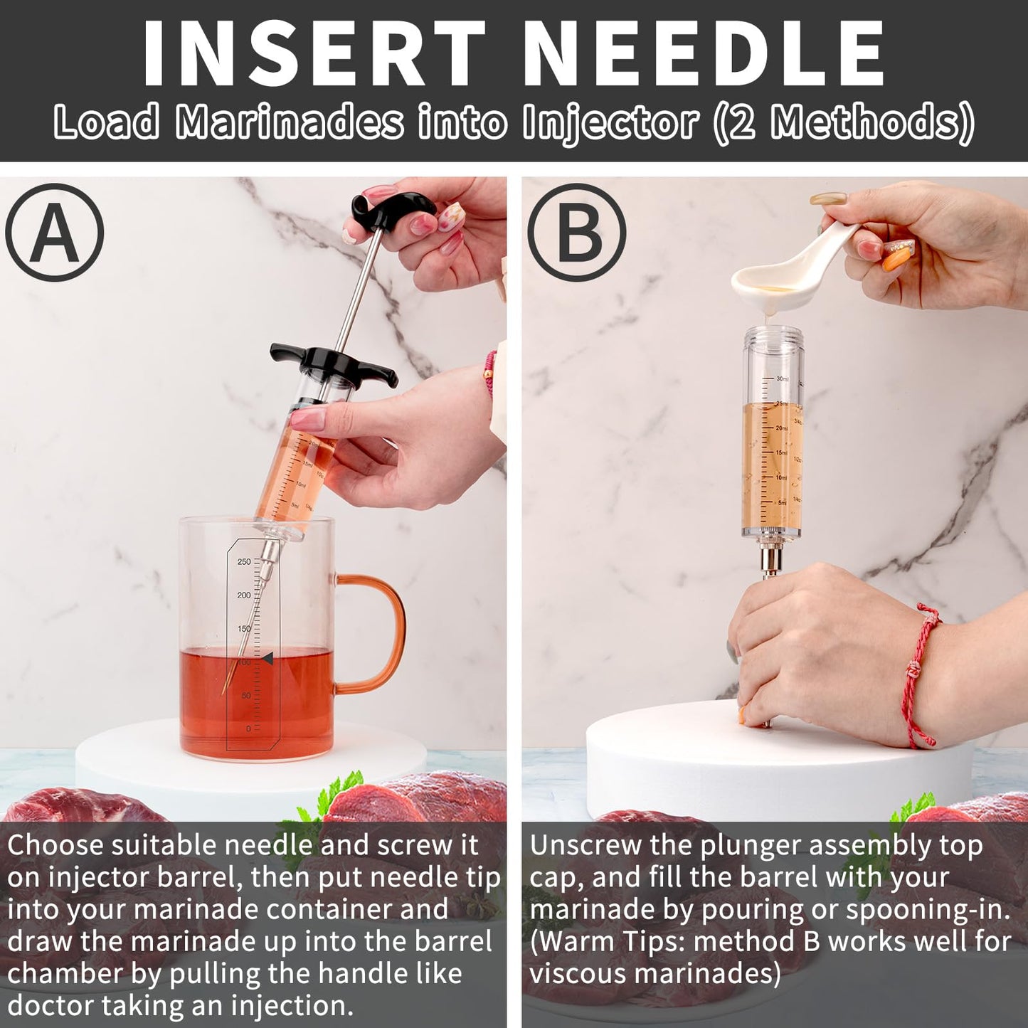 Turkey Meat Injector Syringe Kit with 3 Marinade Needles for BBQ Grill Smoker, 1 Cleaning Brush, 1 Oz/30 ml Large Capacity Injector Marinades for Meats Black