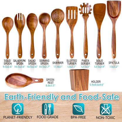 Wooden Spoons for Cooking, Acacia Wood Cooking Utensils Set – 11 Piece Wooden Kitchen Tools with Holder, Spoon Rest, Nonstick Cookware Safe by HOWHONG