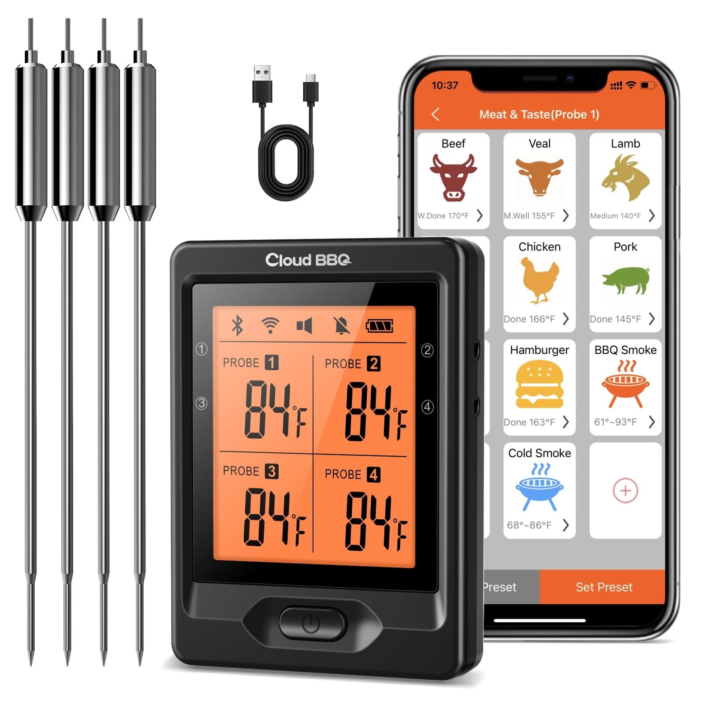 500FT Digital Meat Thermometer with Multy Probes Bluetooth Kitchen Thermometer for Smoker Grilling Oven (FS66N)