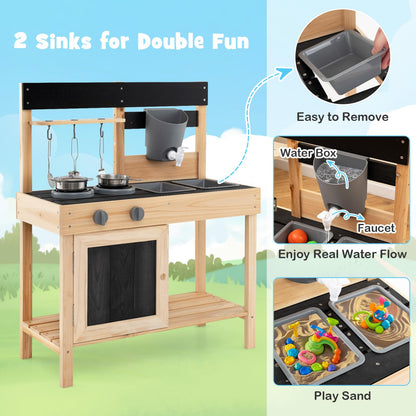 HONEY JOY Fir Wood Outdoor Play Kitchen for Toddlers, Realistic Faucet & Water Tank, Stoves, Sink, Storage Shelf, Outside Kitchen Playset, Mud Kitchen for Kids Outdoor Backyard