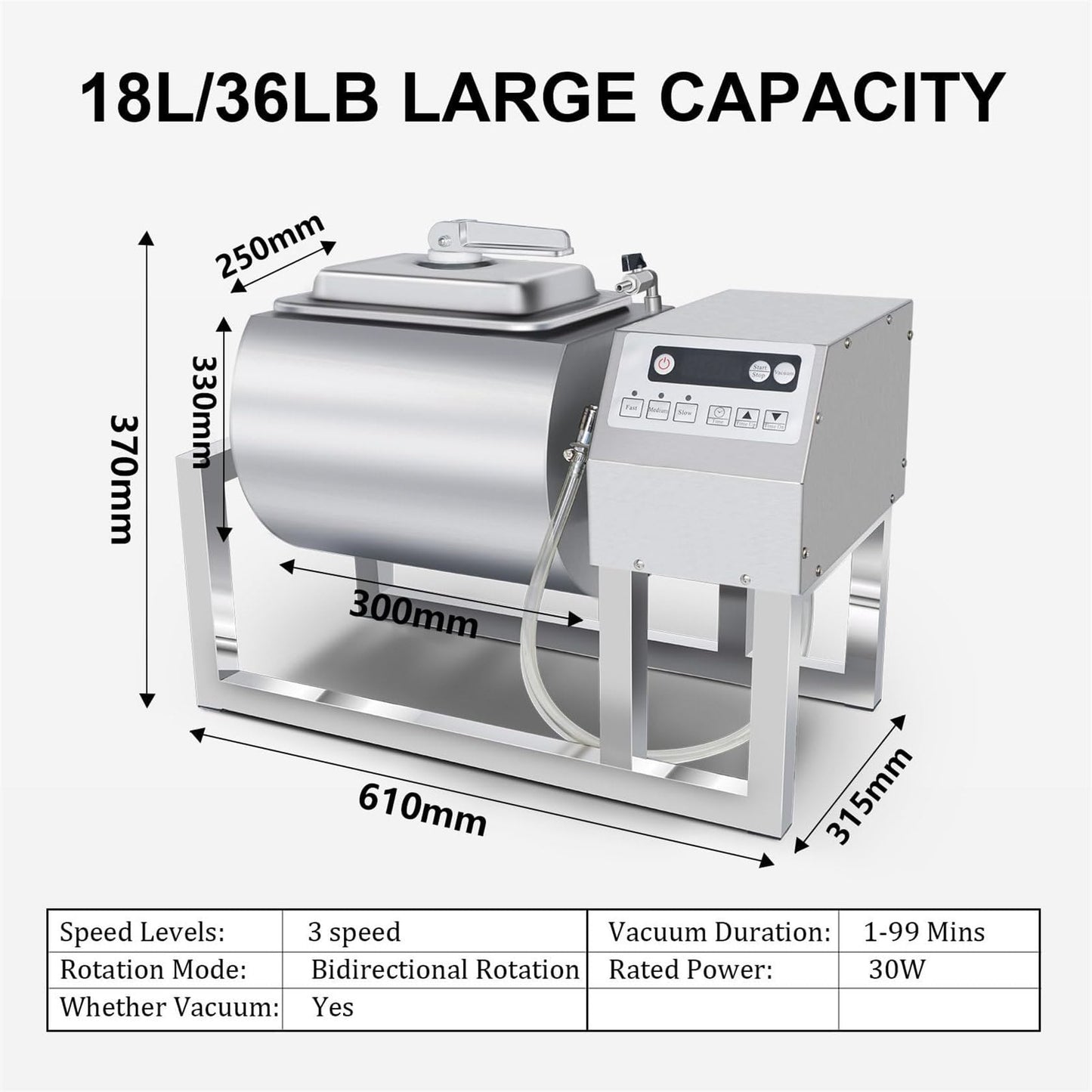 Vacuum Tumbler 18 Liter Capacity, Meat Tumbler Marinator Machine, 30w Bidirectional Rotation, 3 Speeds, Fast Marinating For Gently Mixing, Marinating, Salting, And Pounding Meat Under Vacuum