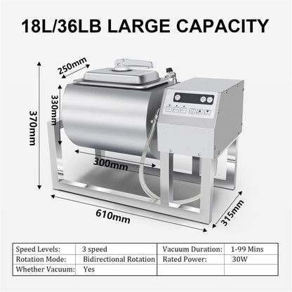 Vacuum Tumbler 18 Liter Capacity, Meat Tumbler Marinator Machine, 30w Bidirectional Rotation, 3 Speeds, Fast Marinating For Gently Mixing, Marinating, Salting, And Pounding Meat Under Vacuum