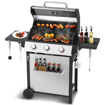 3-Burner Propane Gas Grill with 30,000 BTU Output - Double-layer Stainless Steel Grill Lid, Cast Iron Cooking Grids, Easy-Clean Grease Management & Even Heat Distribution for Perfect BBQs