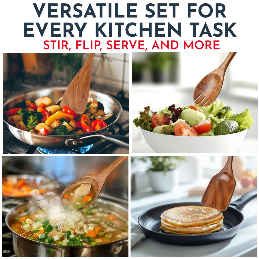 Teak Wooden Utensil Set 6-Piece - Smooth Finish Wooden Spoons for Cooking - Comfortable Grip, Non Scratch Premium Kitchen Wooden Cooking Utensils Set Teak Wood Cooking Utensils