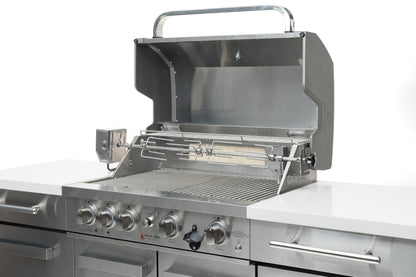 Mont Alpi MA957FC-RS 5-Burner 63000 BTU Stainless Steel Compact Outdoor Kitchen Gas Barbecue Island Grill with Infrared Rear Burner + Fridge Cabinet + Rotisserie Kit & Full Weather Cover