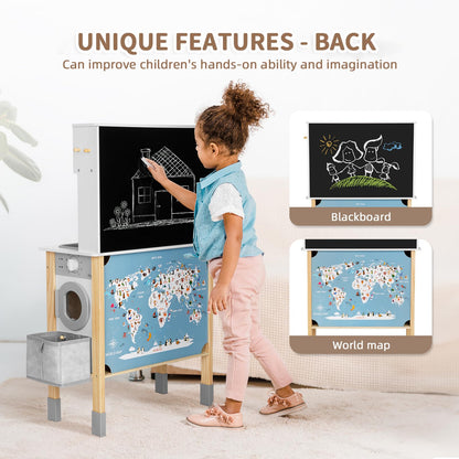 OOOK Kids Kitchen Playset with Garbage Classification, Wooden Pretend Play Kitchen with Sound and Light, Kitchen Set for Kids Equipped with Blackboard, Worldmap ect., Gift for Boys and Girls Aged 3+