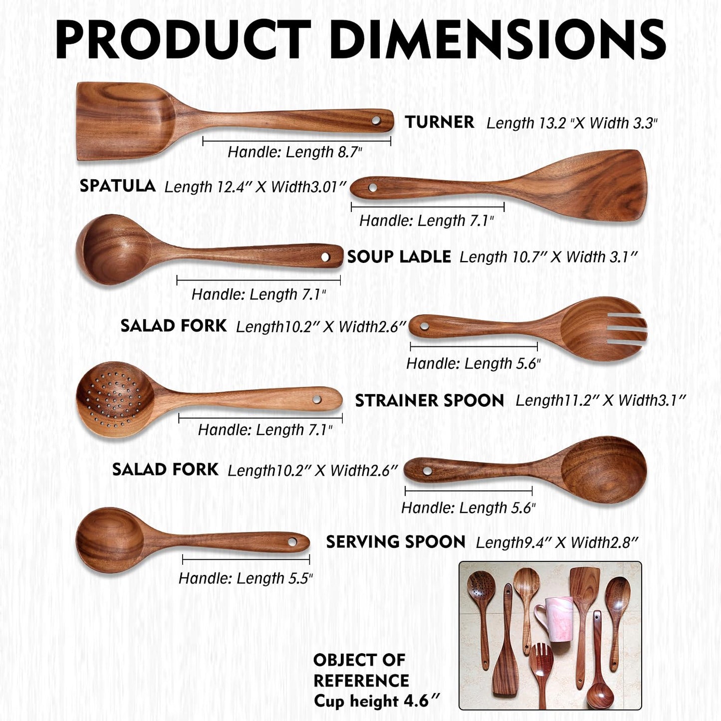 Wooden Non-Stick Kitchen Pan Toolset 7 Pieces Set,100% Natural Teak Kitchen Utensils Spatula, Wooden Cooking Utensils Spoons, Fried Spatula and Salad Fork